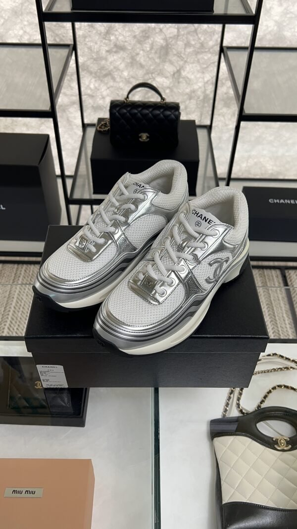 Chanel Fabric Laminated Calfskin Stretch CC Sneakers White Silver