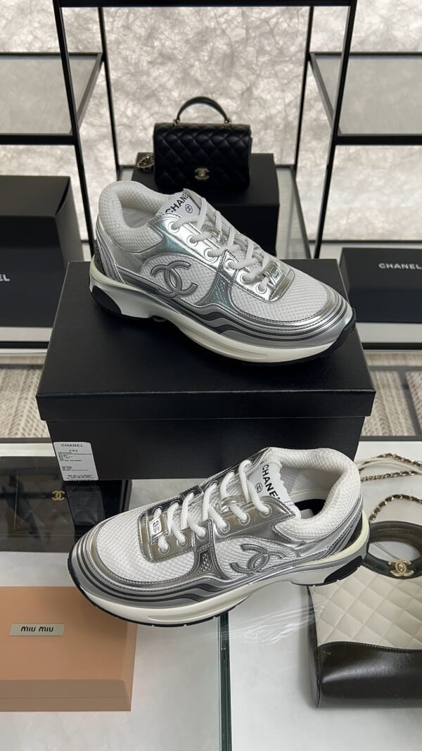 Chanel Fabric Laminated Calfskin Stretch CC Sneakers White Silver