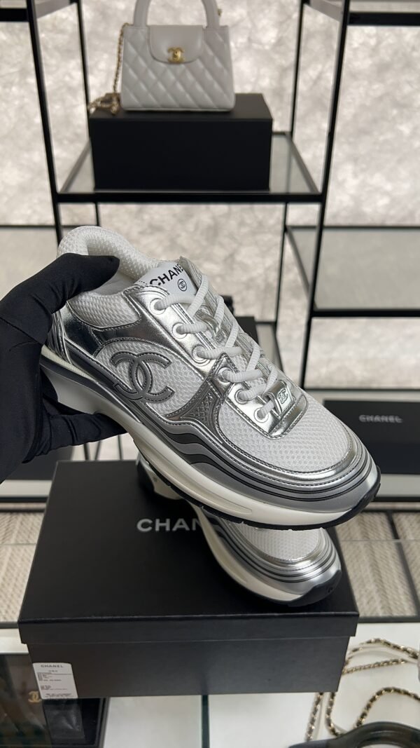 Chanel Fabric Laminated Calfskin Stretch CC Sneakers White Silver