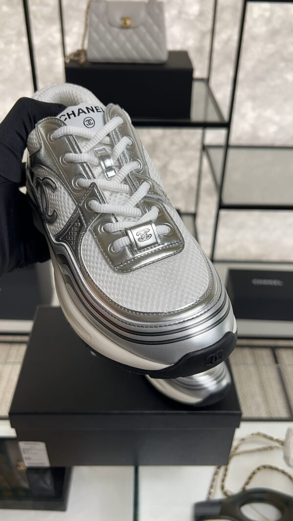 Chanel Fabric Laminated Calfskin Stretch CC Sneakers White Silver
