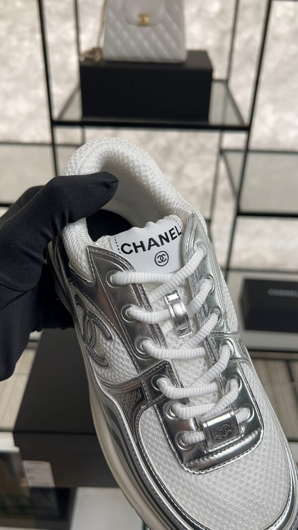Chanel Fabric Laminated Calfskin Stretch CC Sneakers White Silver
