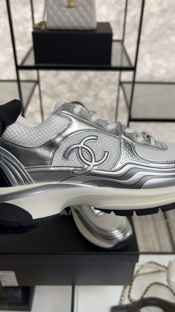 Chanel Fabric Laminated Calfskin Stretch CC Sneakers White Silver