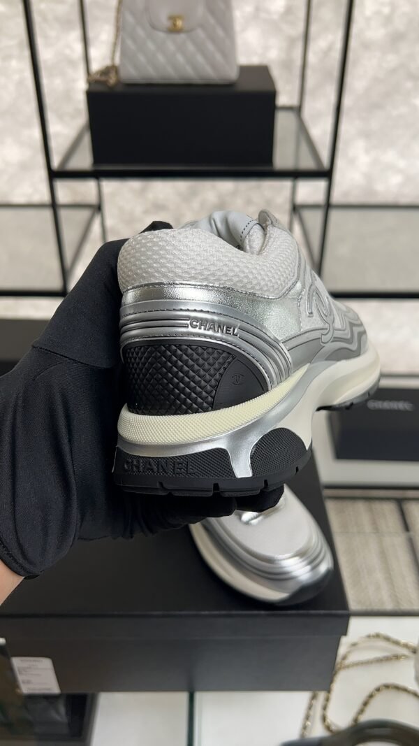 Chanel Fabric Laminated Calfskin Stretch CC Sneakers White Silver