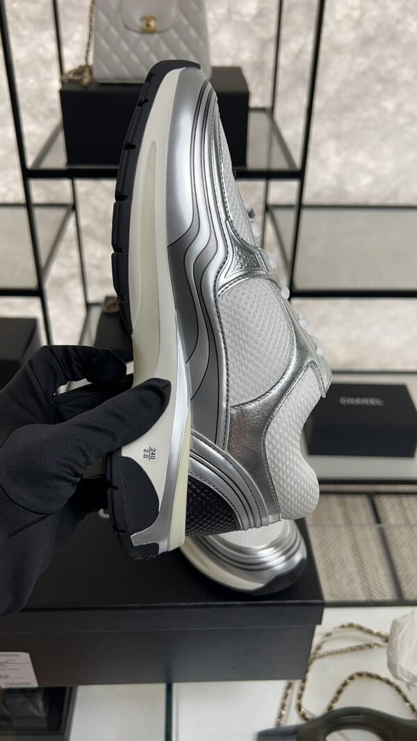 Chanel Fabric Laminated Calfskin Stretch CC Sneakers White Silver