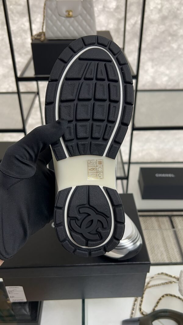 Chanel Fabric Laminated Calfskin Stretch CC Sneakers White Silver