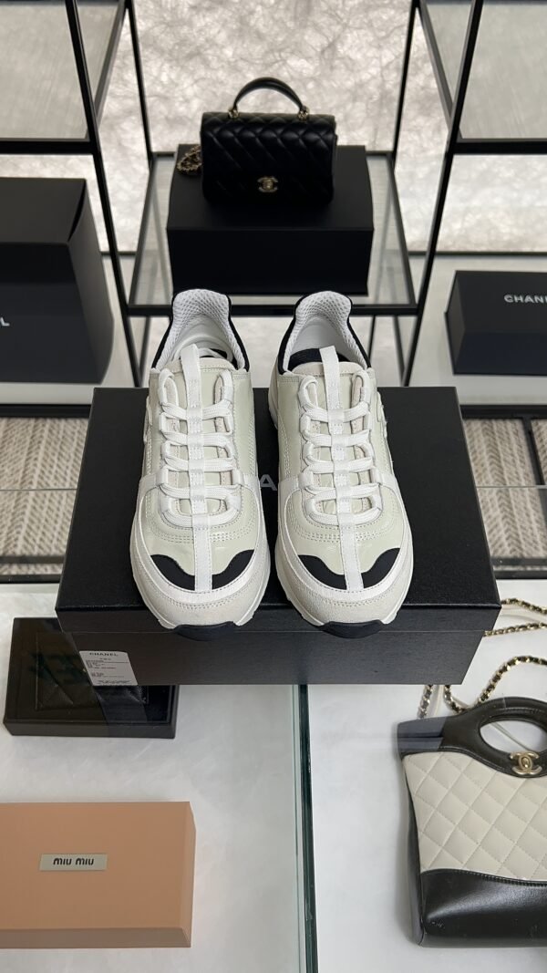 Chanel Suede Calfskin Womens CC Sneakers White Black