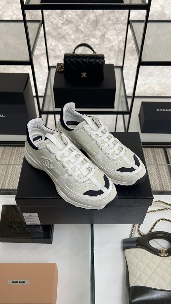 Chanel Suede Calfskin Womens CC Sneakers White Black