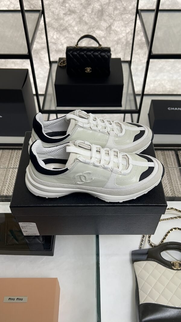 Chanel Suede Calfskin Womens CC Sneakers White Black