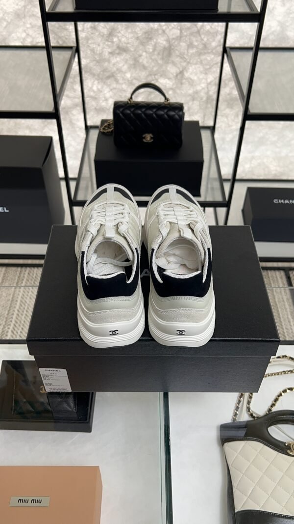 Chanel Suede Calfskin Womens CC Sneakers White Black