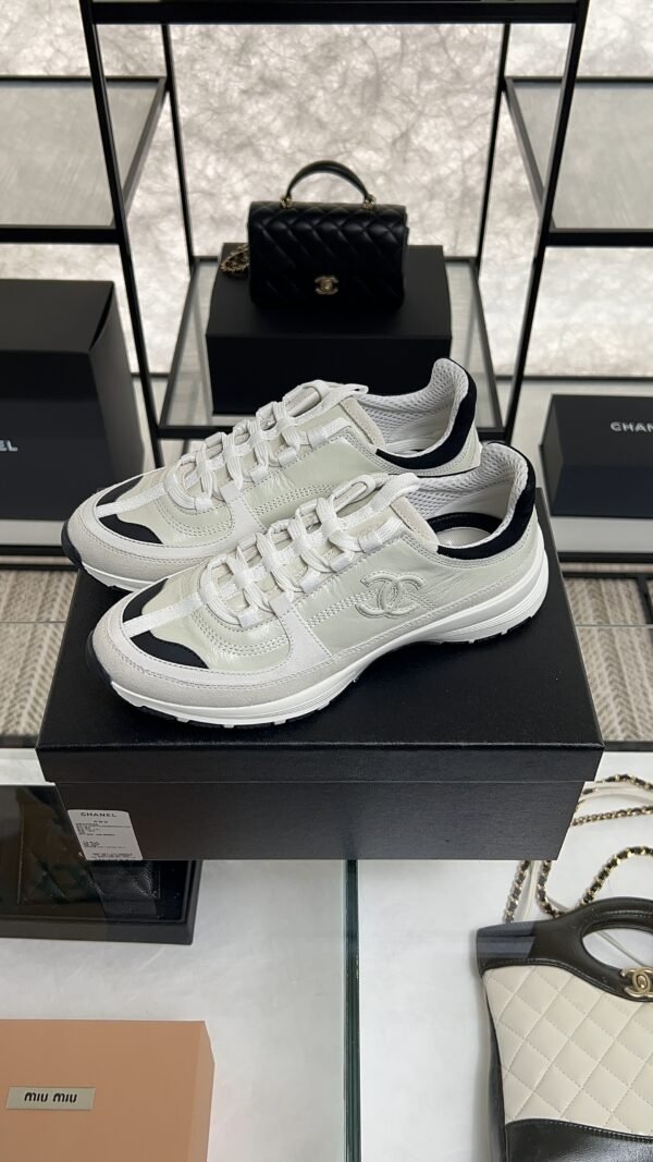 Chanel Suede Calfskin Womens CC Sneakers White Black