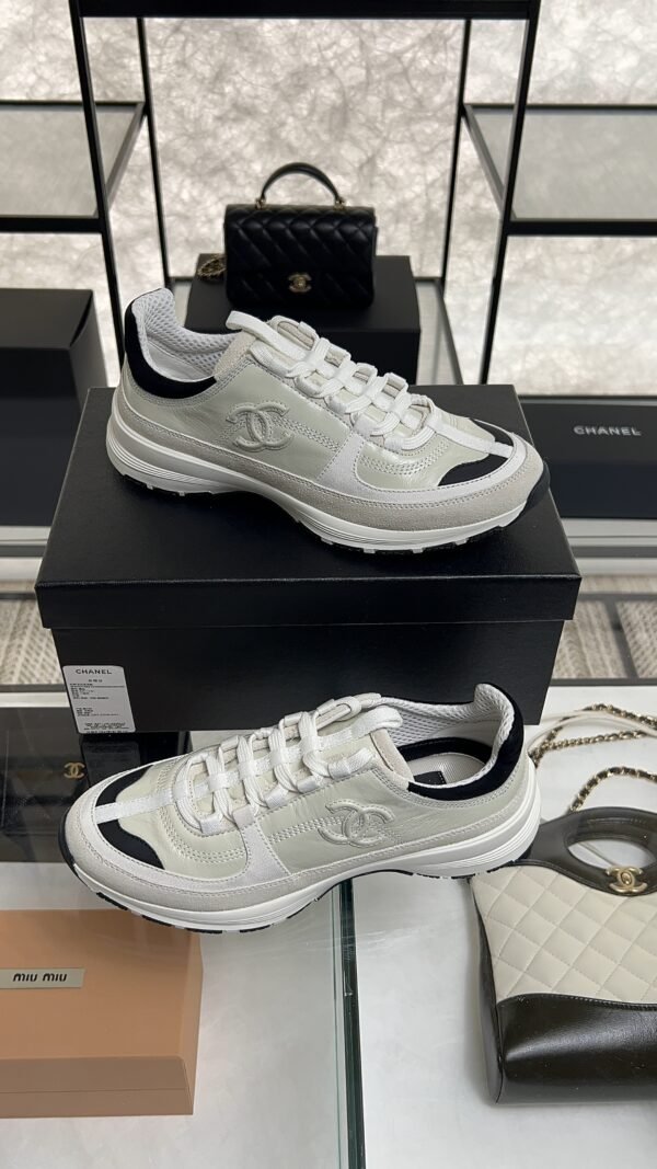 Chanel Suede Calfskin Womens CC Sneakers White Black