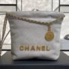 CHANEL 22 Mini Handbag Shiny Calfskin & Gold-Tone Metal Light gray