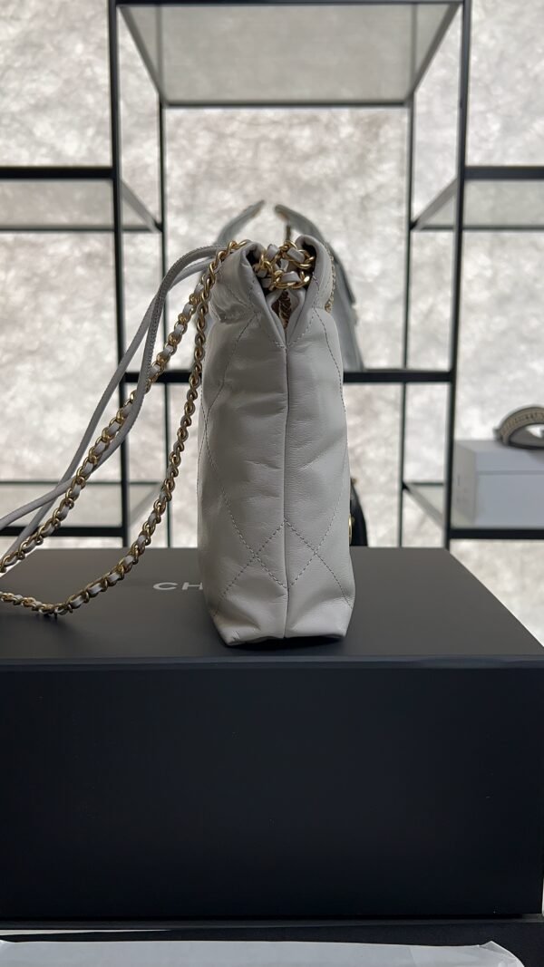 CHANEL 22 Mini Handbag Shiny Calfskin & Gold-Tone Metal Light gray