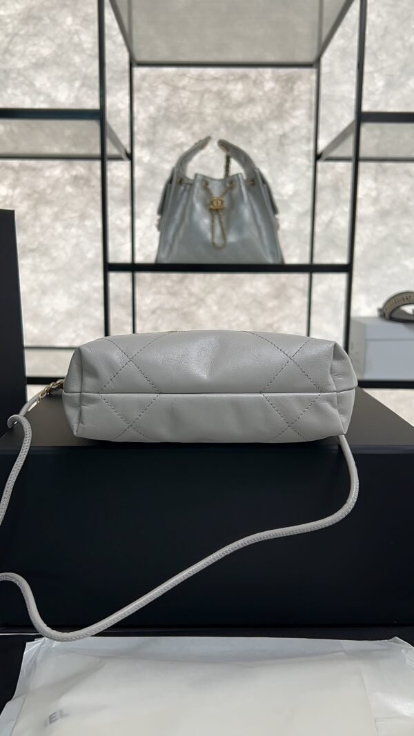 CHANEL 22 Mini Handbag Shiny Calfskin & Gold-Tone Metal Light gray