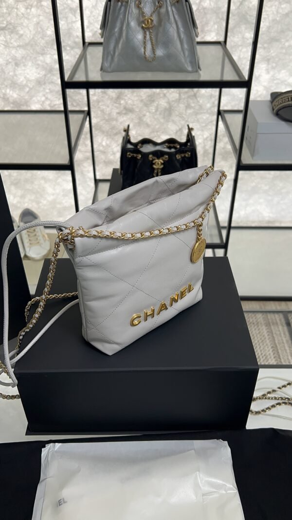 CHANEL 22 Mini Handbag Shiny Calfskin & Gold-Tone Metal Light gray