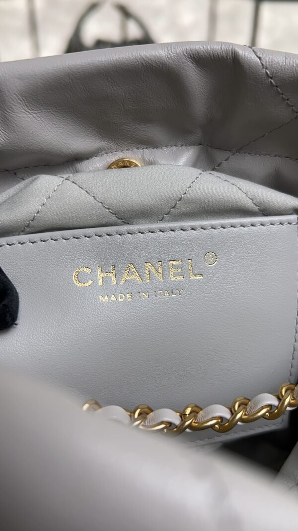 CHANEL 22 Mini Handbag Shiny Calfskin & Gold-Tone Metal Light gray