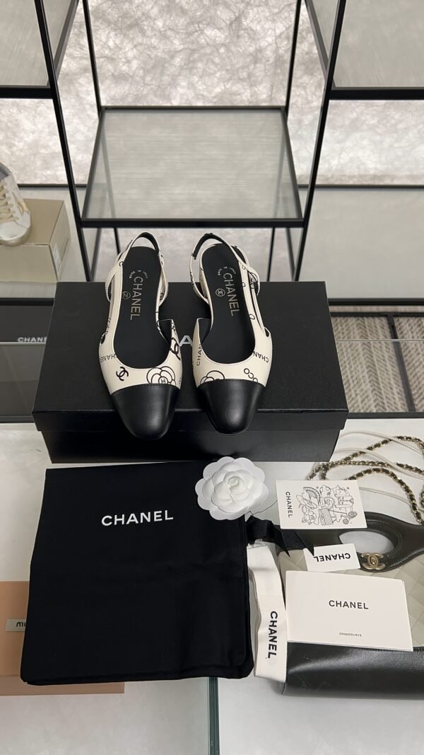 Chanel Printed Lambskin Cap Toe CC Slingback Pumps  Black White