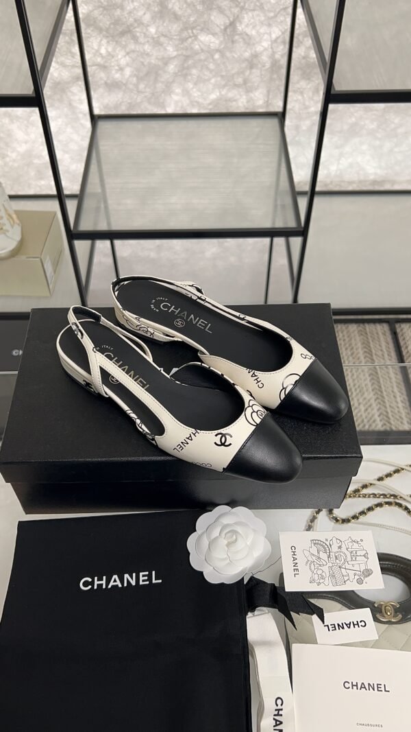 Chanel Printed Lambskin Cap Toe CC Slingback Pumps  Black White