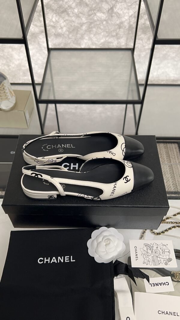 Chanel Printed Lambskin Cap Toe CC Slingback Pumps  Black White
