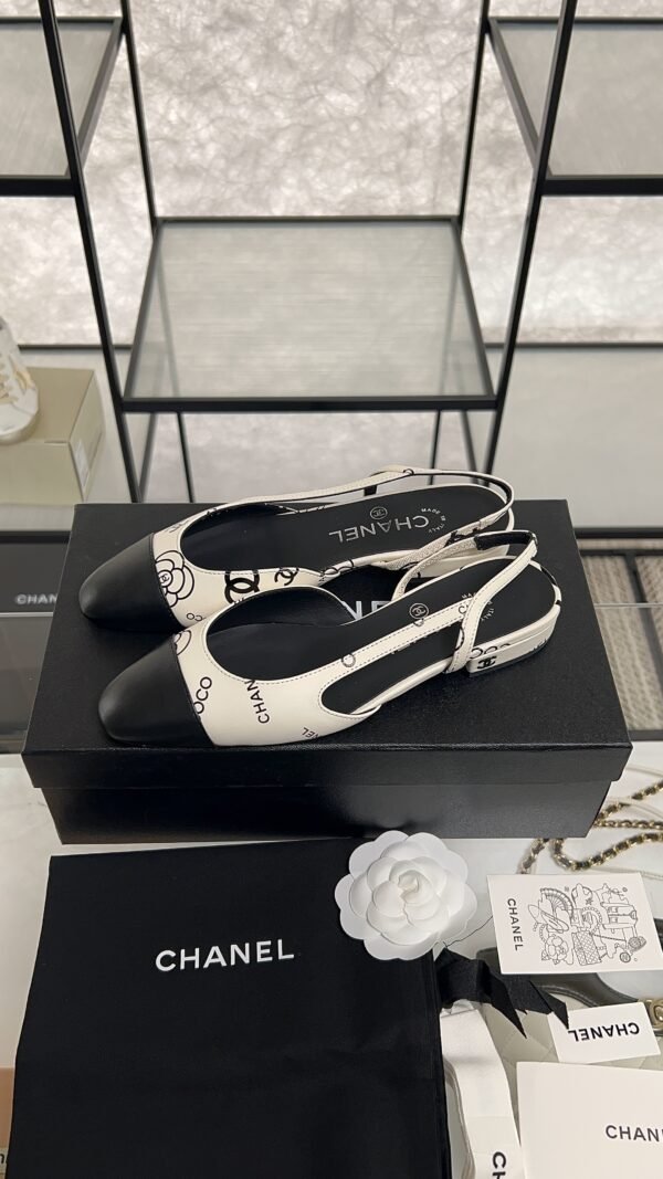 Chanel Printed Lambskin Cap Toe CC Slingback Pumps  Black White