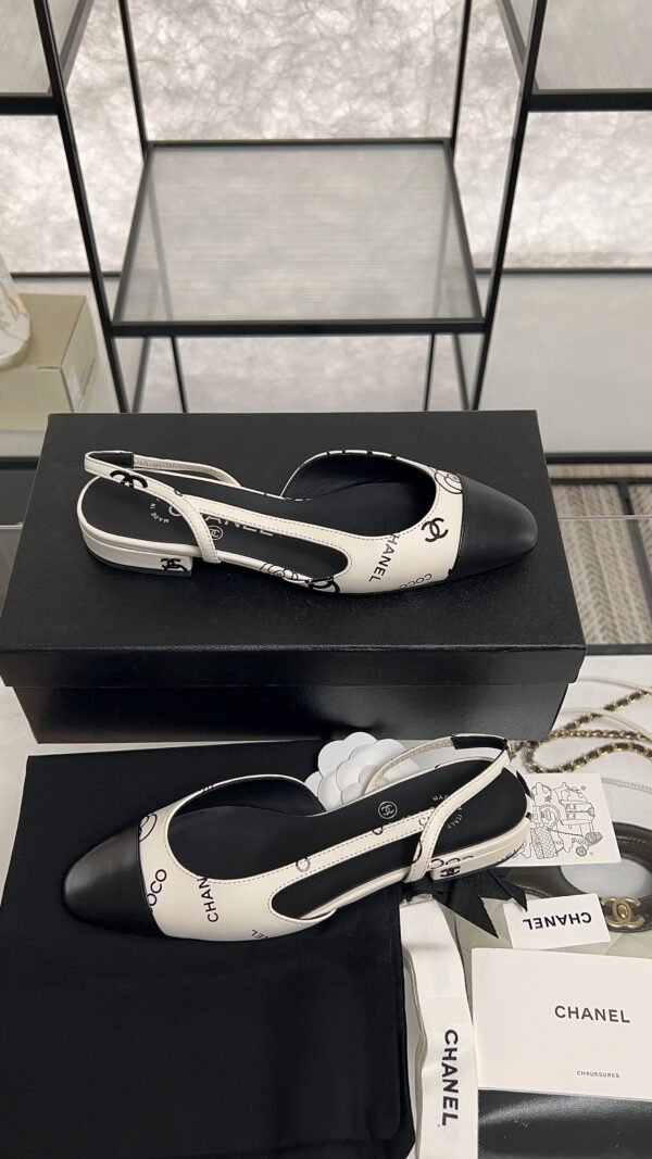 Chanel Printed Lambskin Cap Toe CC Slingback Pumps  Black White