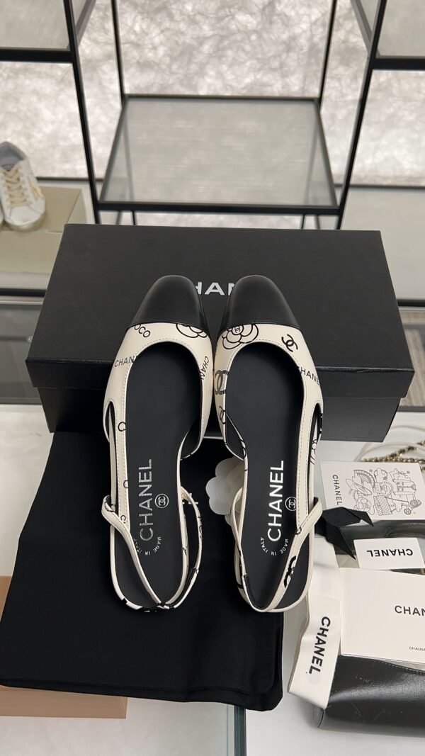 Chanel Printed Lambskin Cap Toe CC Slingback Pumps  Black White