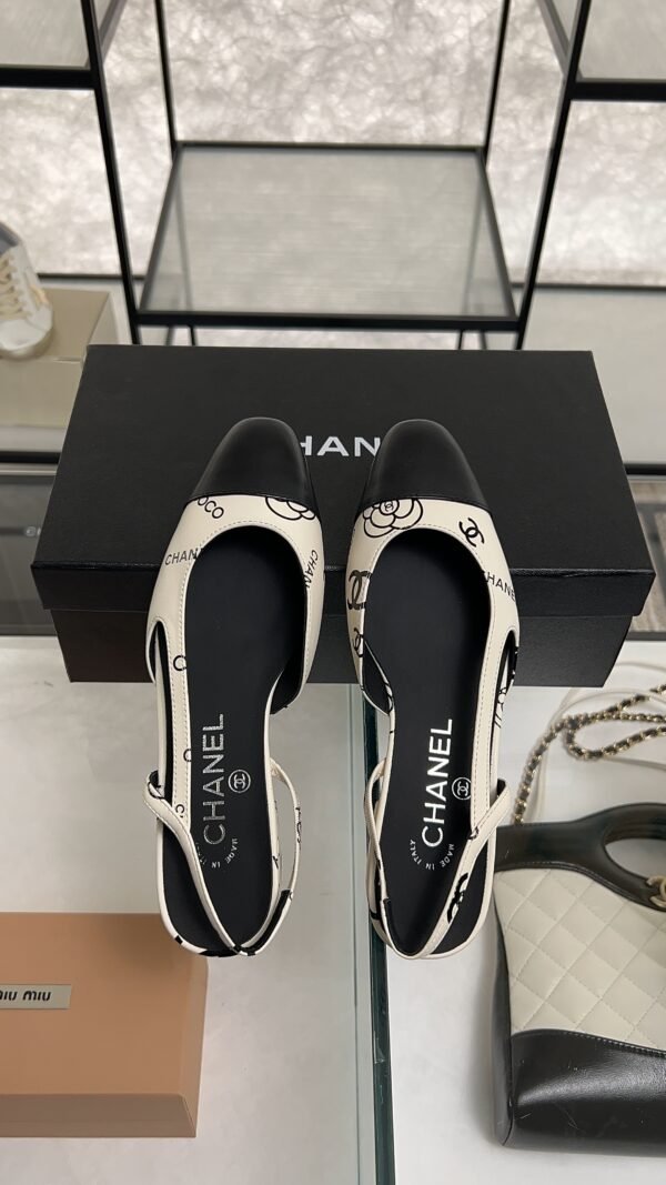 Chanel Printed Lambskin Cap Toe CC Slingback Pumps  Black White