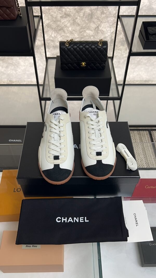 Chanel Calfskin Embossed Suede Sneakers  White Black