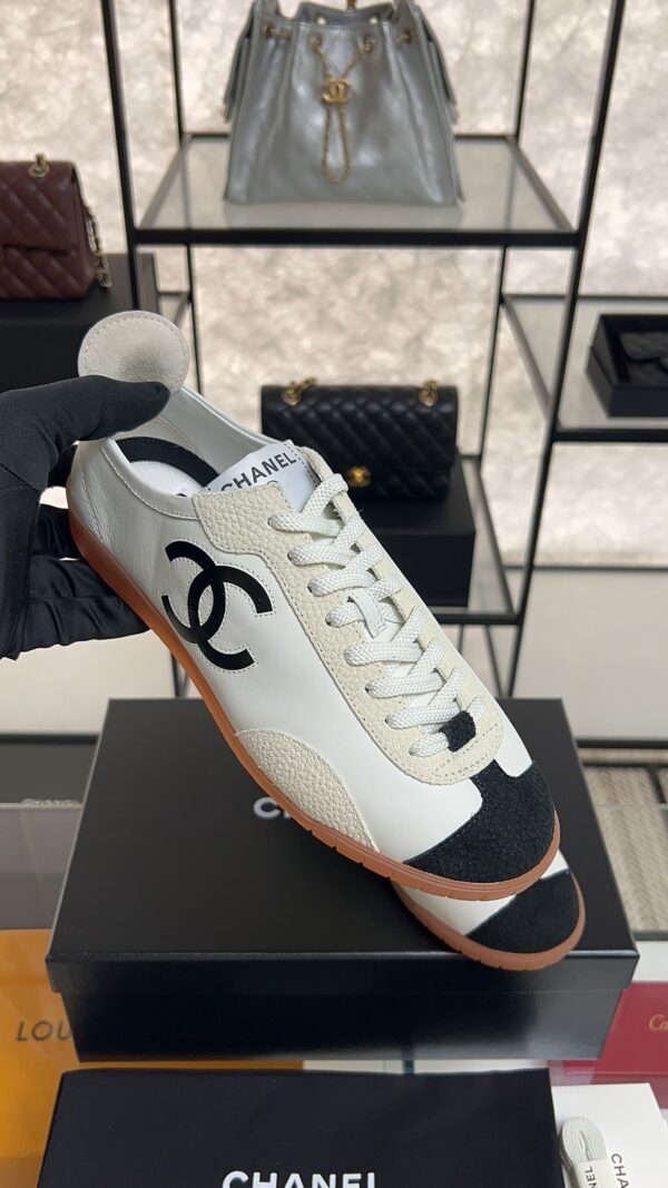 Chanel Calfskin Embossed Suede Sneakers  White Black