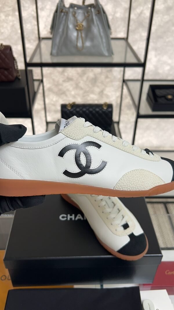 Chanel Calfskin Embossed Suede Sneakers  White Black