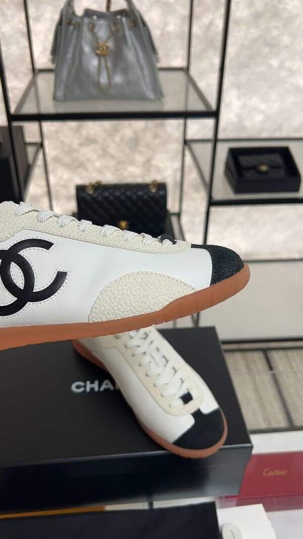 Chanel Calfskin Embossed Suede Sneakers  White Black