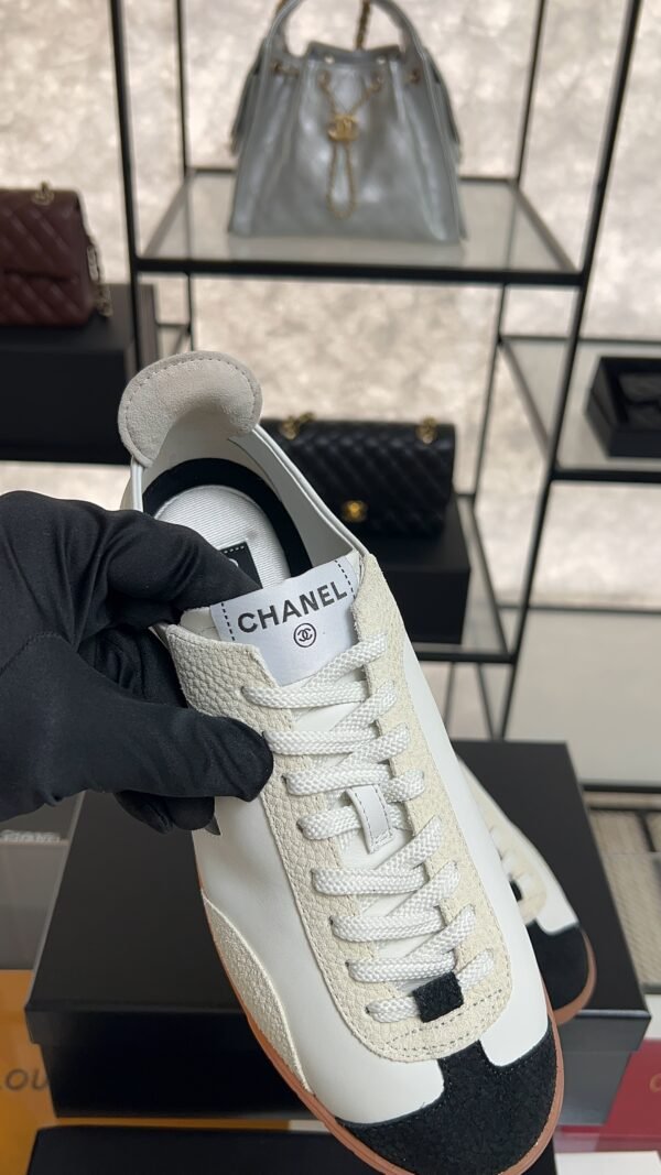 Chanel Calfskin Embossed Suede Sneakers  White Black