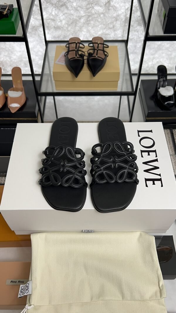 Loewe Calfskin Petal Anagram Caged Mule  Sandals Black