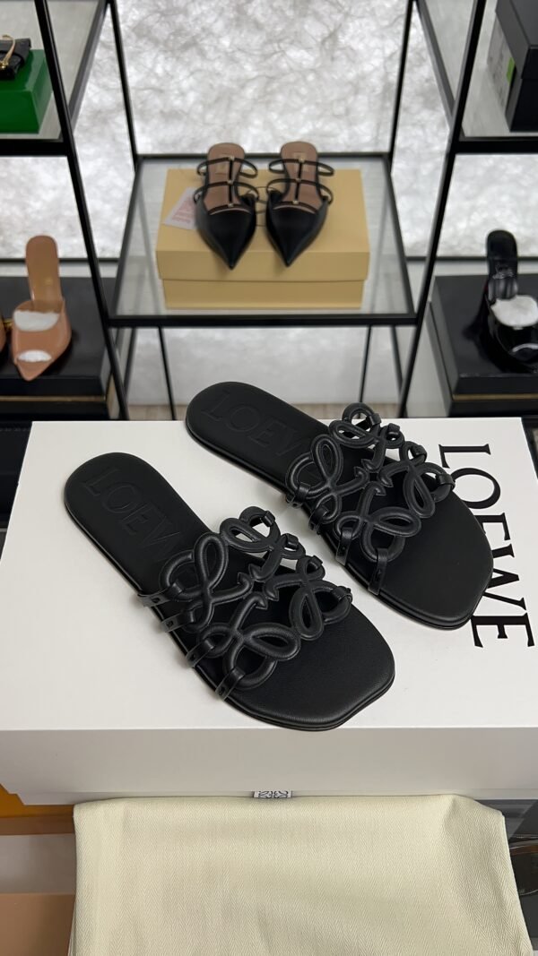 Loewe Calfskin Petal Anagram Caged Mule  Sandals Black