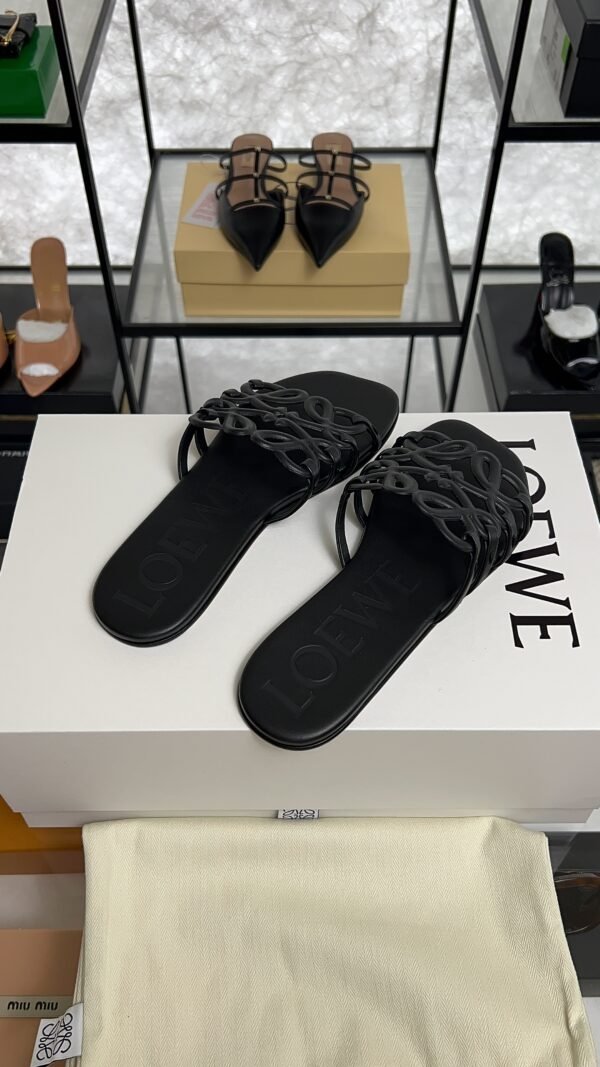 Loewe Calfskin Petal Anagram Caged Mule  Sandals Black