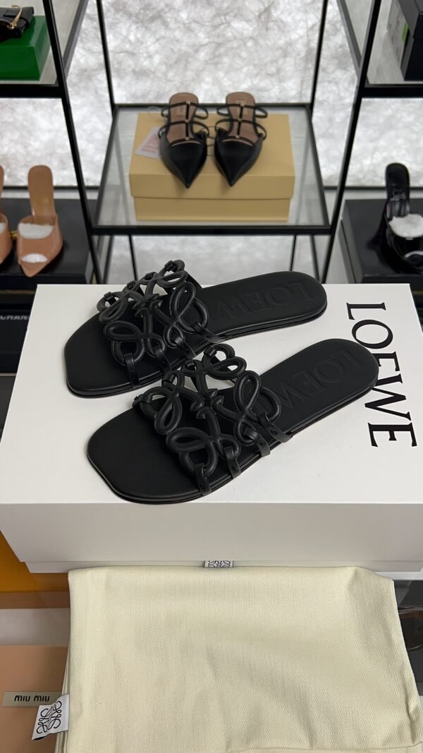 Loewe Calfskin Petal Anagram Caged Mule  Sandals Black