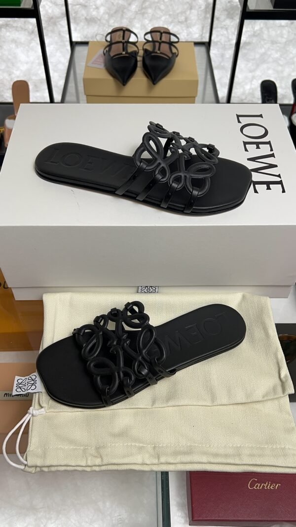 Loewe Calfskin Petal Anagram Caged Mule  Sandals Black