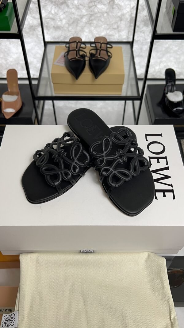 Loewe Calfskin Petal Anagram Caged Mule  Sandals Black