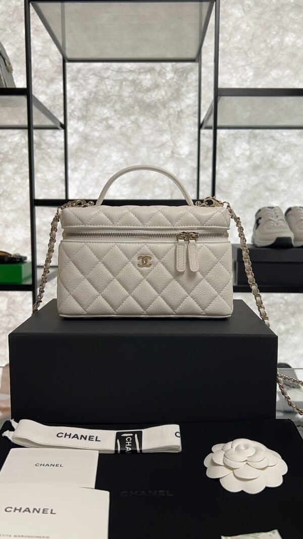 Chanel Top Handle Long Vanity White Caviar Light Gold