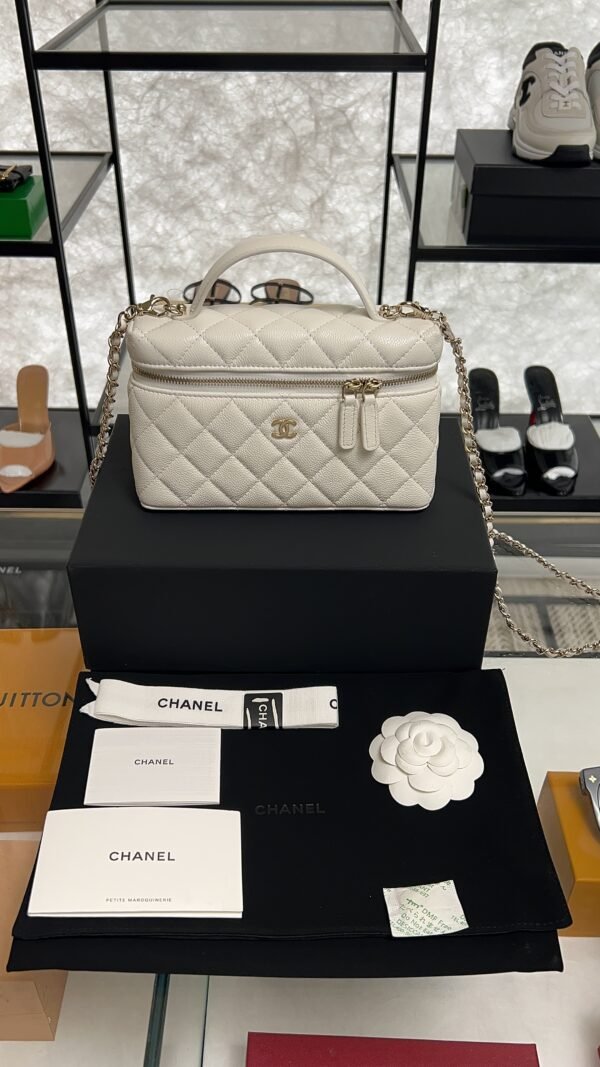 Chanel Top Handle Long Vanity White Caviar Light Gold