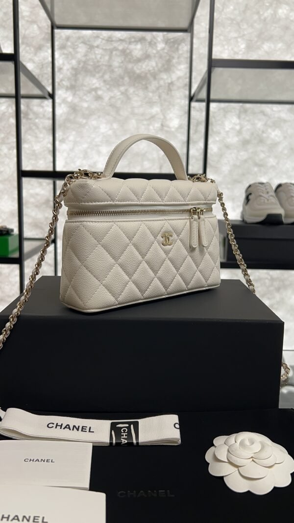 Chanel Top Handle Long Vanity White Caviar Light Gold