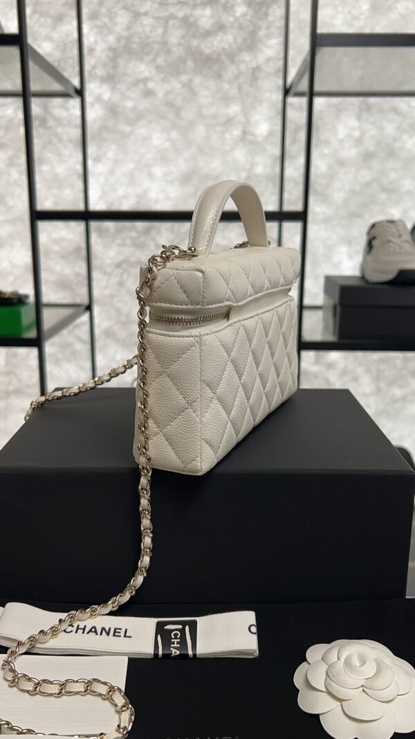 Chanel Top Handle Long Vanity White Caviar Light Gold