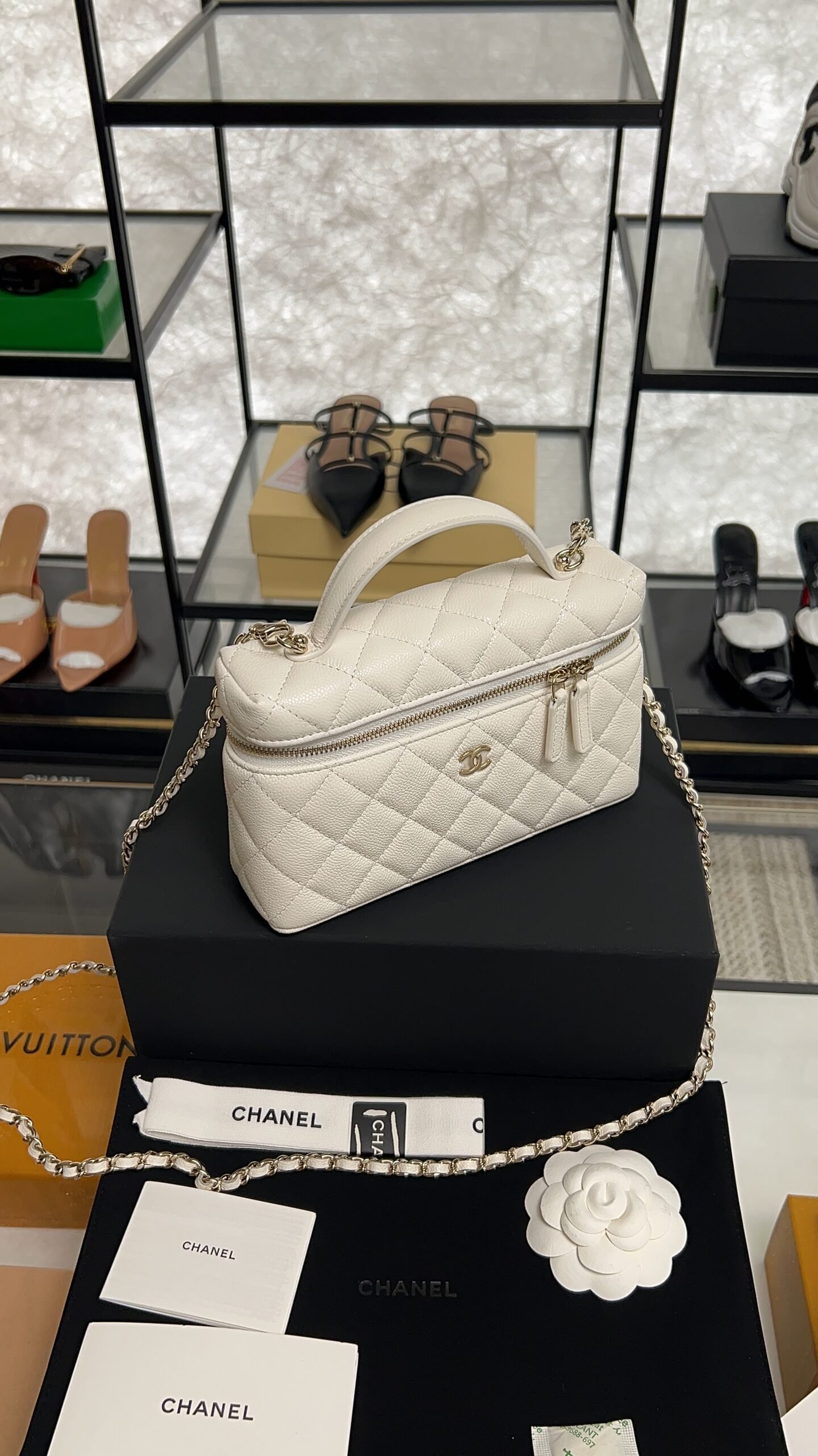 Chanel Top Handle Long Vanity White Caviar Light Gold