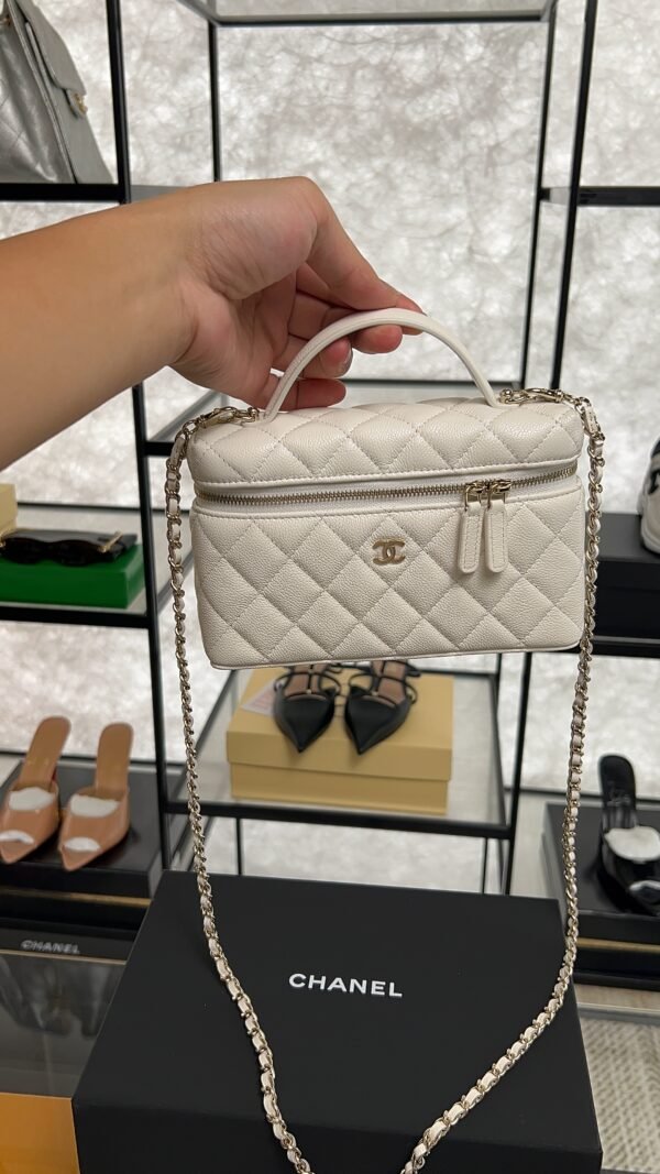 Chanel Top Handle Long Vanity White Caviar Light Gold