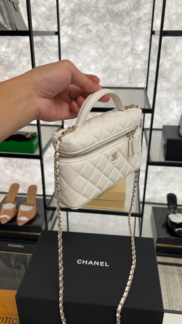 Chanel Top Handle Long Vanity White Caviar Light Gold