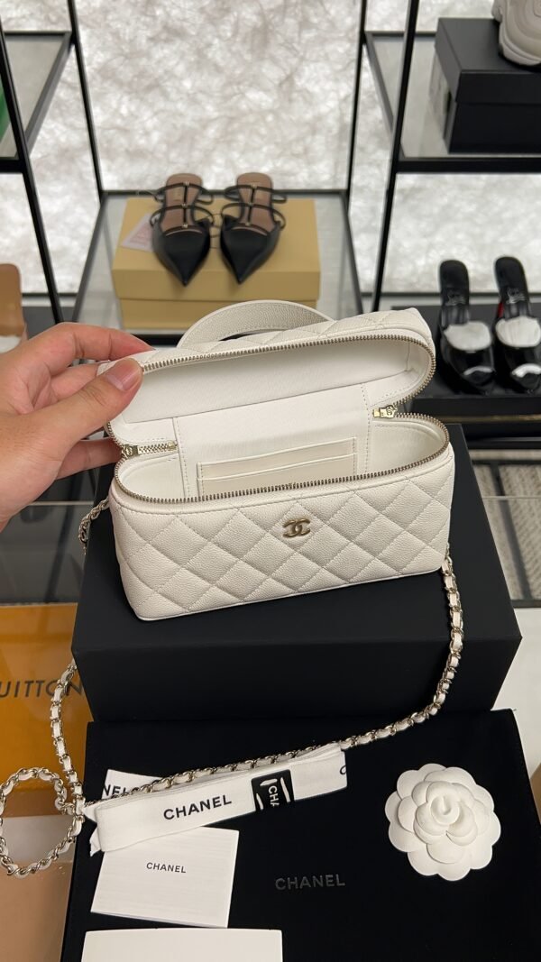 Chanel Top Handle Long Vanity White Caviar Light Gold