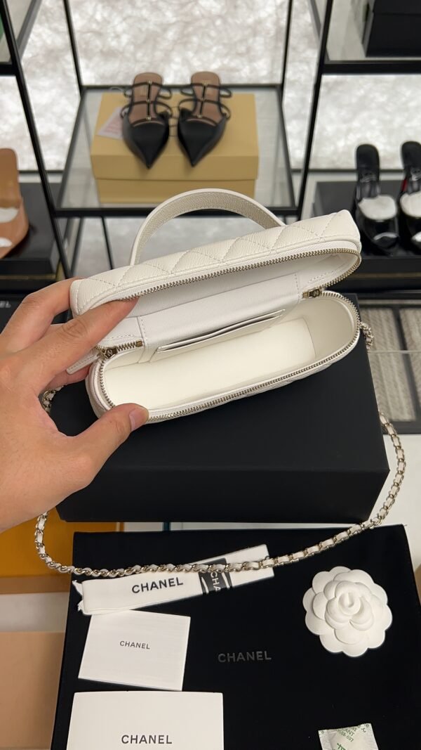 Chanel Top Handle Long Vanity White Caviar Light Gold