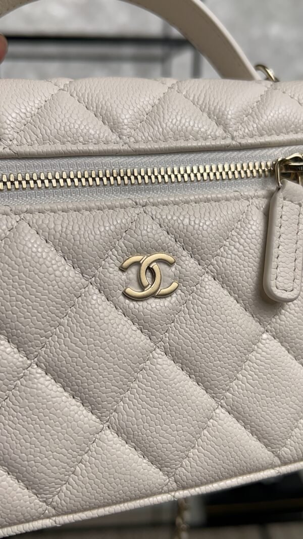 Chanel Top Handle Long Vanity White Caviar Light Gold