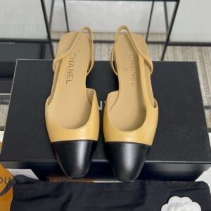 Chanel Goatskin Grosgrain Cap Toe CC Slingback Sandals Beige Black