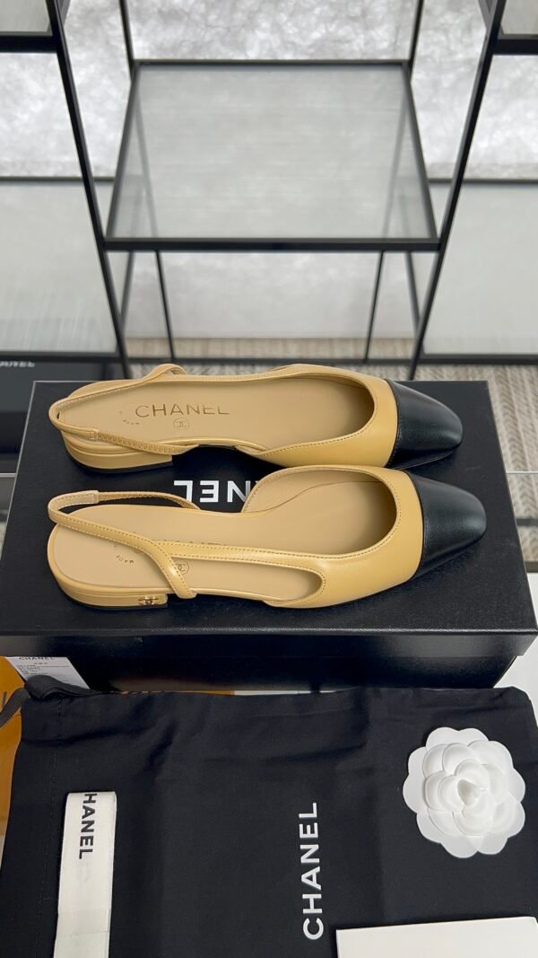 Chanel Goatskin Grosgrain Cap Toe CC Slingback Sandals Beige Black
